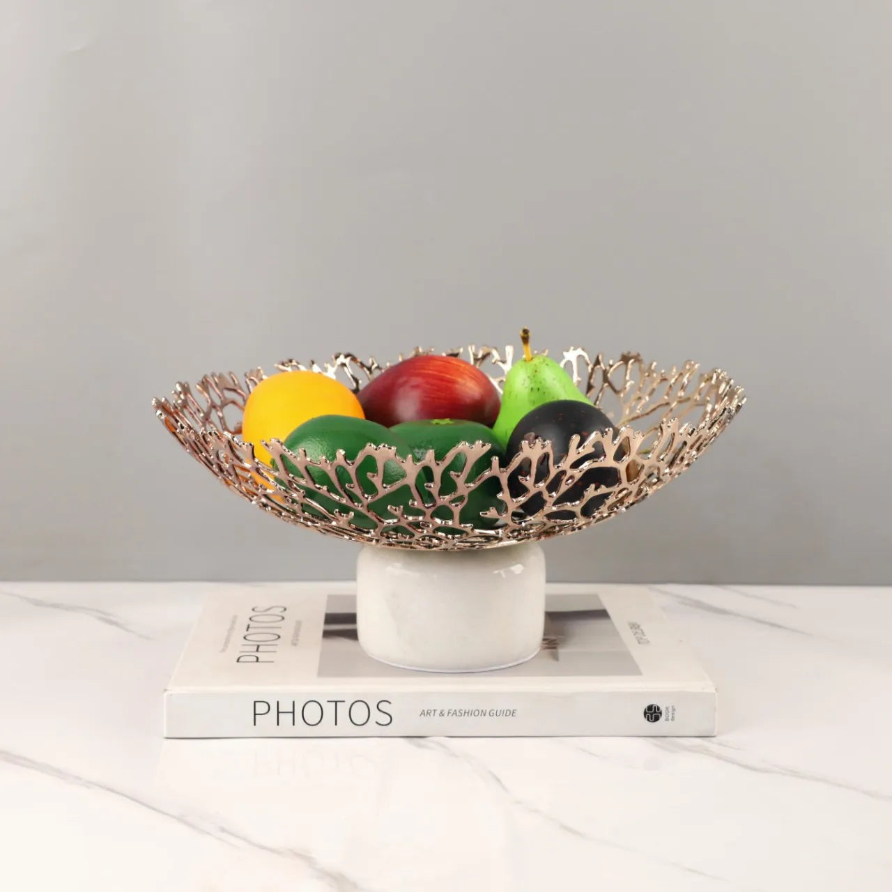 Afralia™ Coral Disc Pedestal | Metal Tray Marble Base Fruit Plate Gold Compote