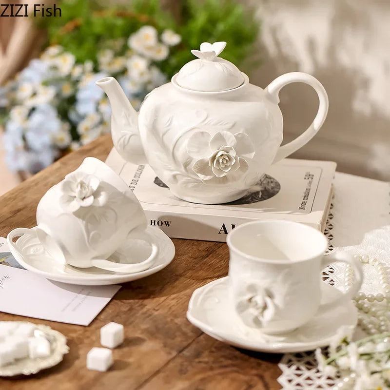 Afralia™ Relief Floral Patterns Porcelain Coffee Mug Set - Elegant Tea and Juice Cup