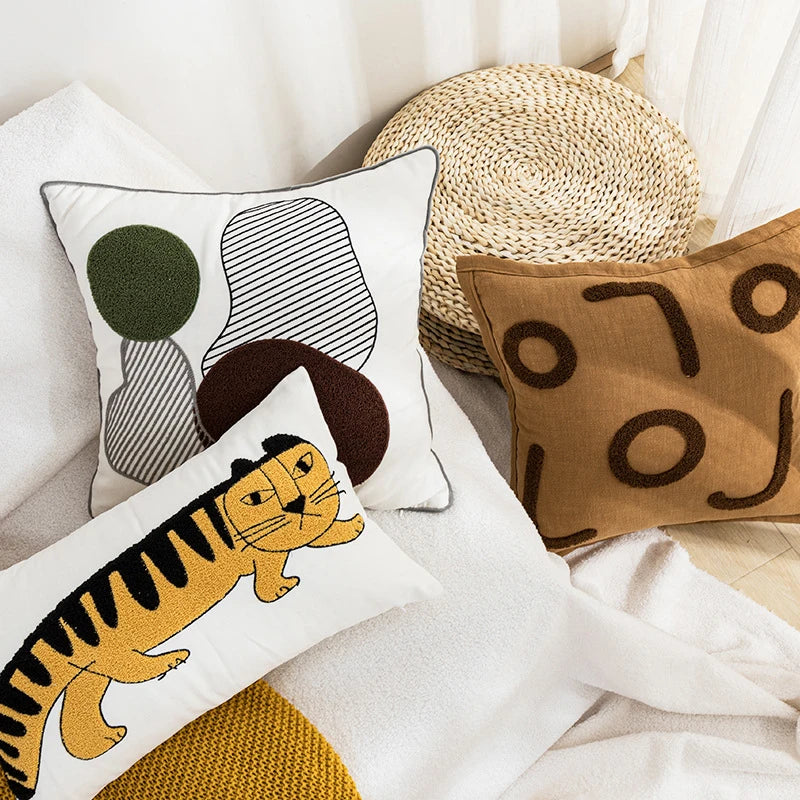 Afralia™ Cartoon Tiger Embroidered Cotton Pillow Cover for Bedroom