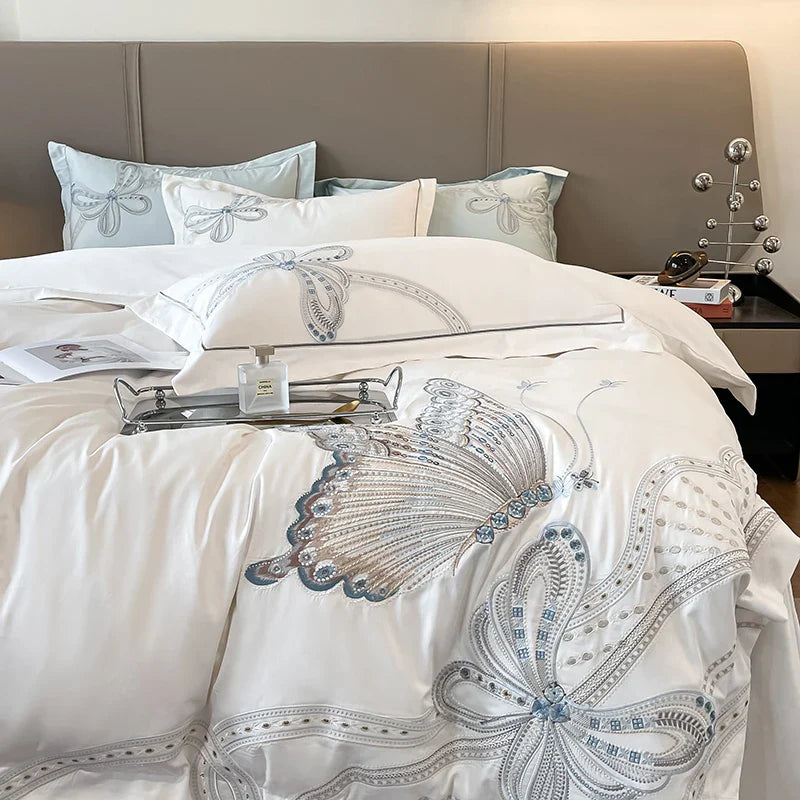 Afralia™ Luxury Butterfly Embroidery Wedding Bedding Set with 100% Egyptian Cotton Quality