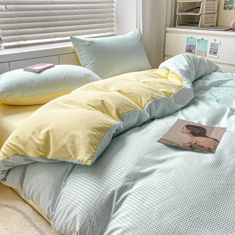 Afralia™ Soft Waffle Comforter Set with Printed Fitted Sheet for Single Double Beds