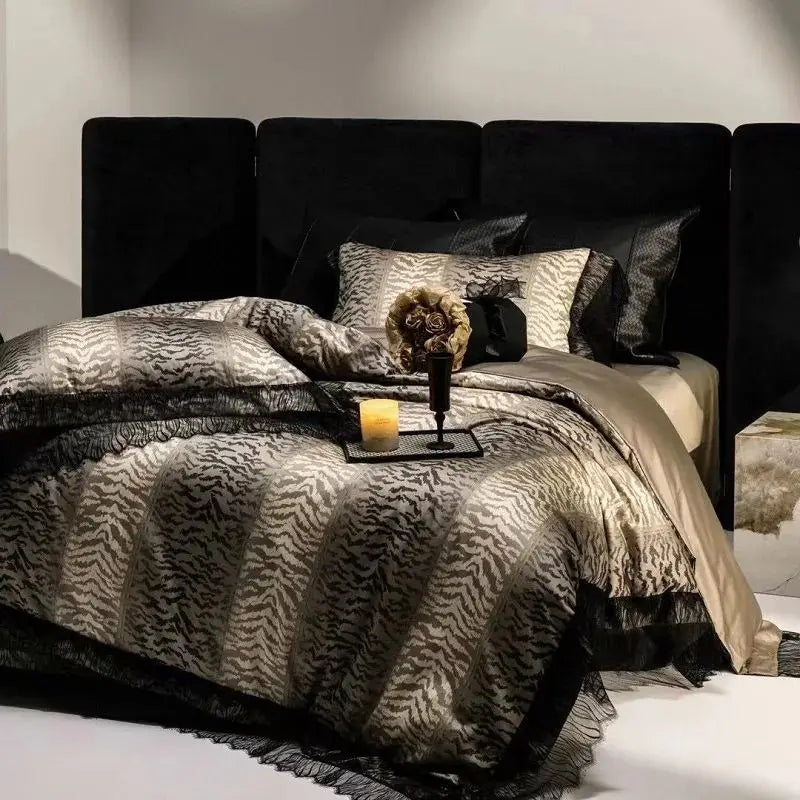 Afralia™ Black Lace Leopard Print 1000TC Egyptian Cotton Bedding Set 4Pcs