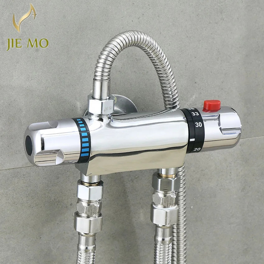 Afralia™ Dual Handle Thermostatic Shower Faucet Mixer Valve, Wall Mounted Chrome