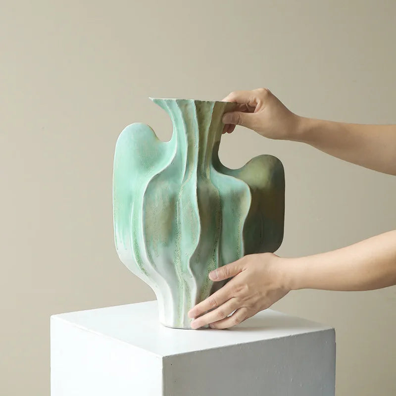 Afralia™ Geometric Ceramic Vase with Abstract Irregular Folds | Home Decor Handicrafts