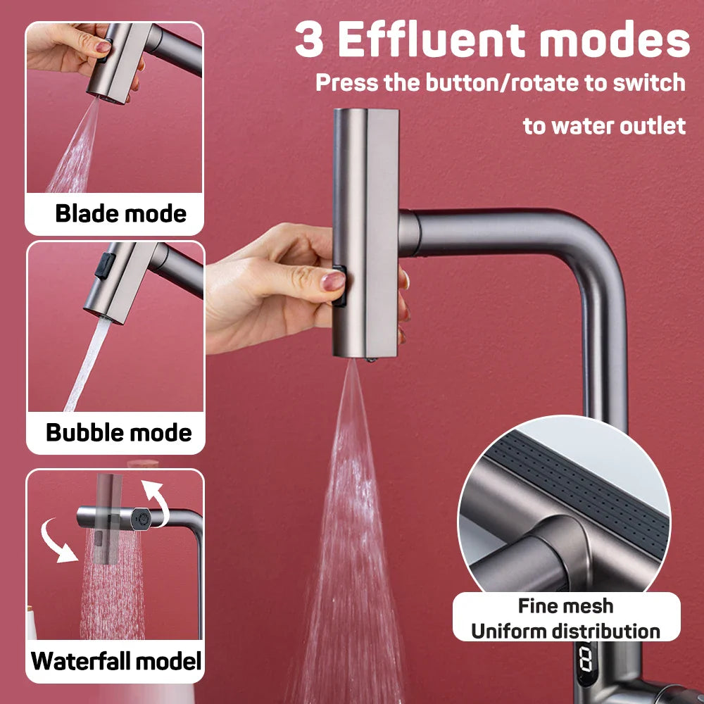 Afralia™ Digital Display Waterfall Kitchen Sink Faucet with Pull Out Sprayer