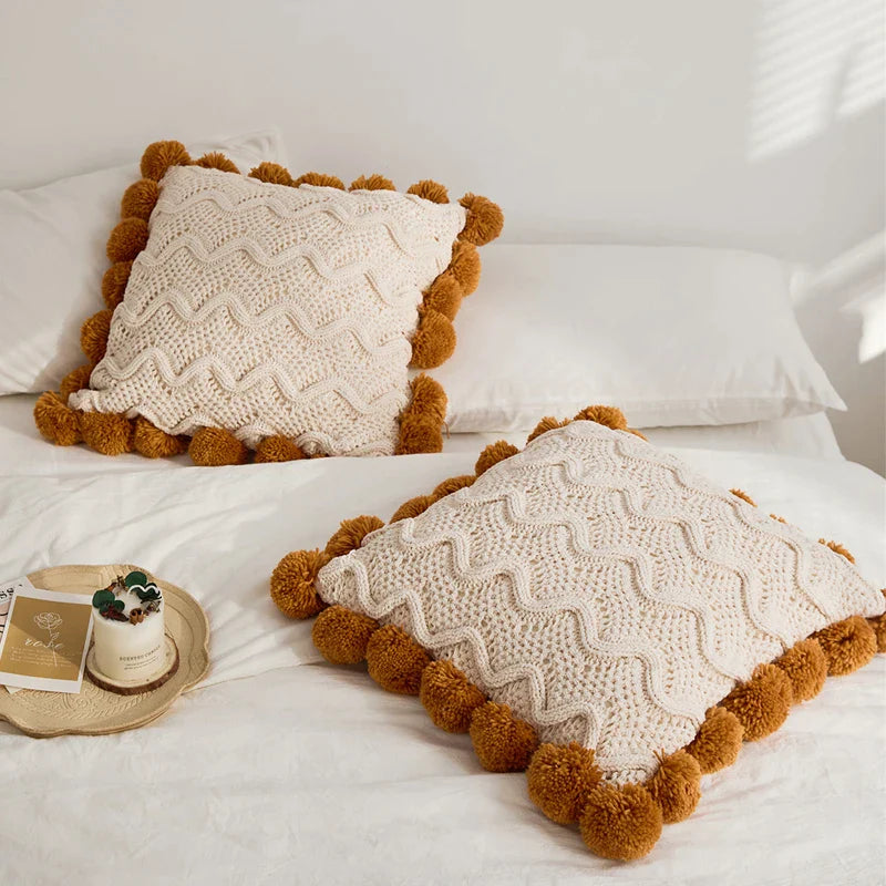 Nordic Knit Pompom Ball Pillowcase in Ivory & Grey for Home Decor by Afralia™