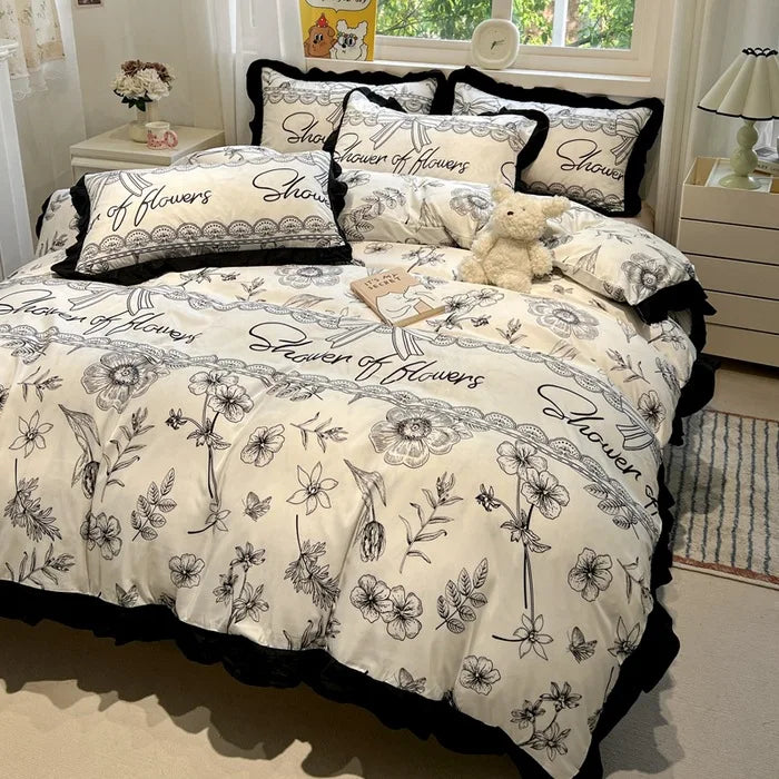 Afralia™ Korean Black White Hepburn Style Bedding Set with Lace Fitted Sheet Set