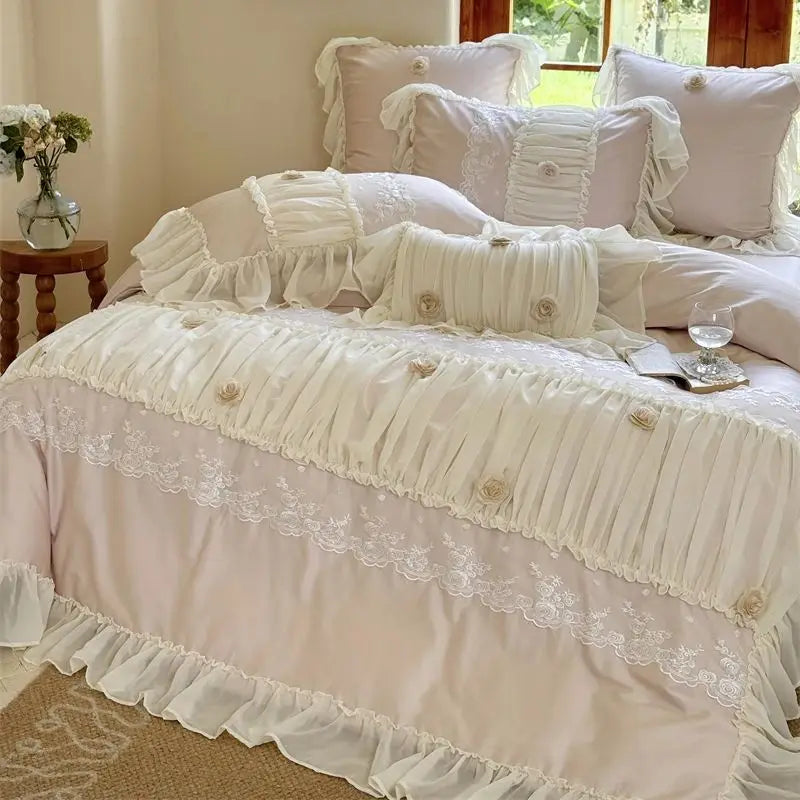 Afralia™ Rose Lace Ruffles Princess Wedding Bedding Set with 1000TC Egyptian Cotton