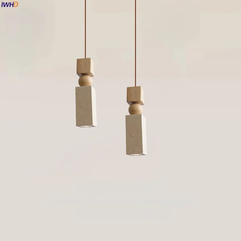Afralia™ LED Pendant Lamp Mid Century Modern Decor Yellow Travertine Wood Hanglamp