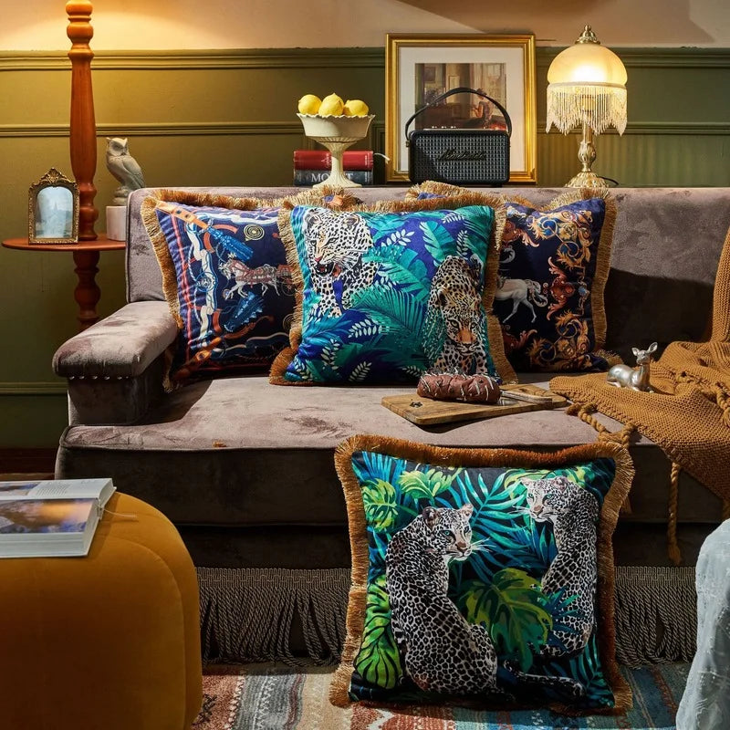 Afralia™ Jungle Animal Collection Cushion Cover with Gold Tassel Fringe - Luxury Satin Pillowcase