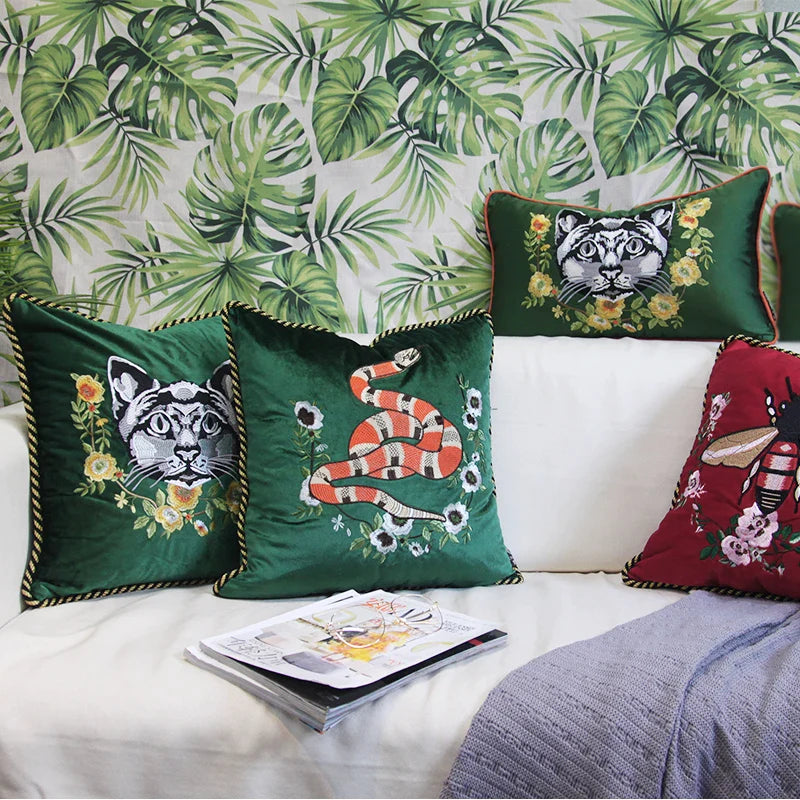 Luxury Embroidered Cat Velvet Pillowcase with Tassels by Afralia™