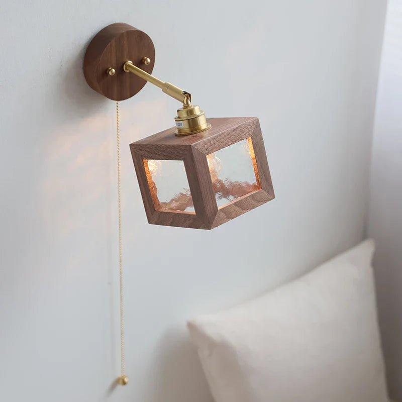 Afralia™ Clear Glass LED Wall Light Fixture Walnut Wood Pull Chain Switch Nordic Modern Wall Lamp
