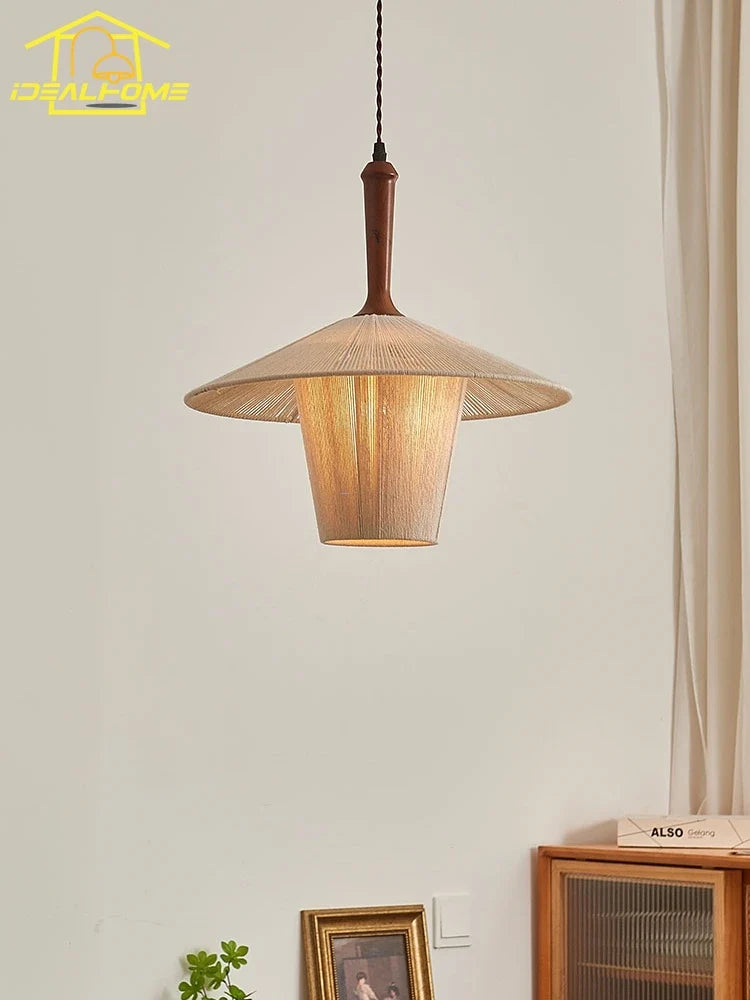 Afralia™ Wabi-sabi Cotton Thread Pendant Lights LED E27 Solid Wood Hanging Lamp Zen Decor