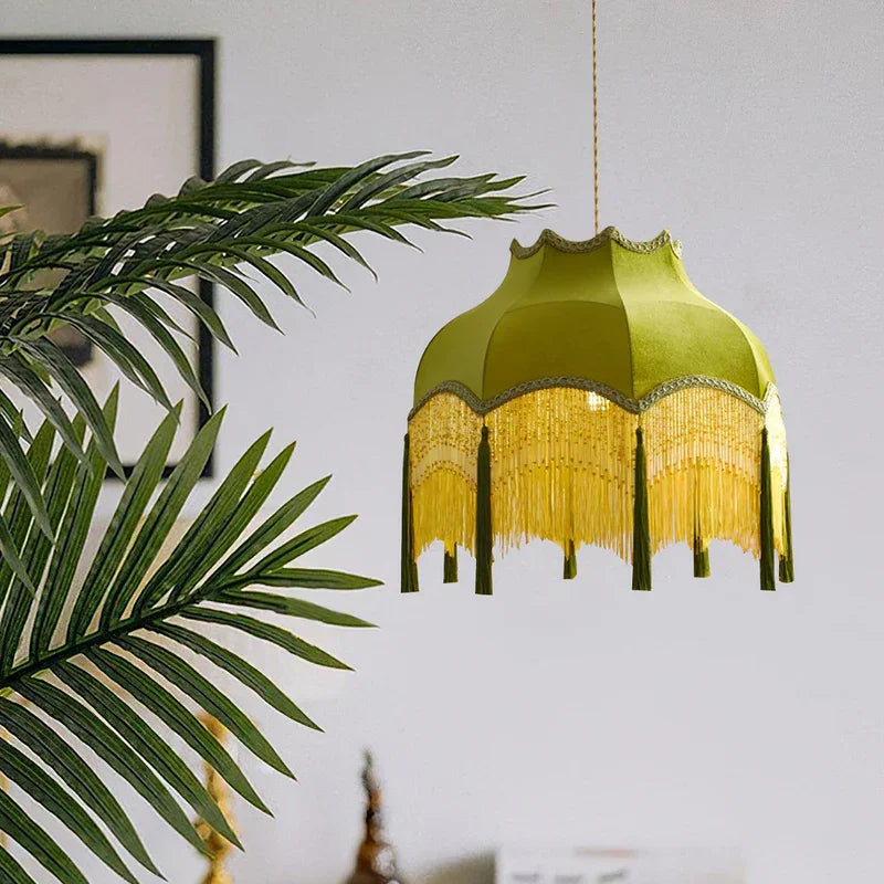 Afralia™ Vintage Green Tassel Pendant Light with Cloth Lamp Shade