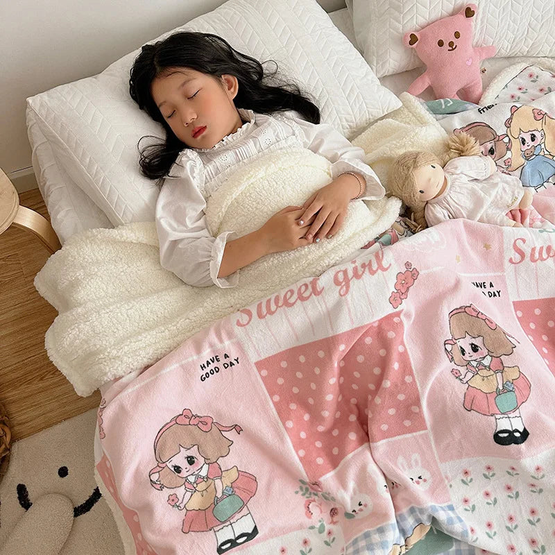 Afralia™ Cartoon Lamb Wool Blanket: Double-Layered, Thick & Warm for Children & Adults