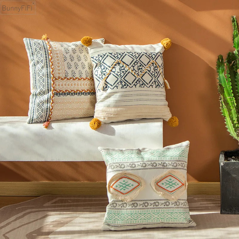 Boho Style Cotton Woven Pillow Cover with Tassels & Pompom - Afralia™