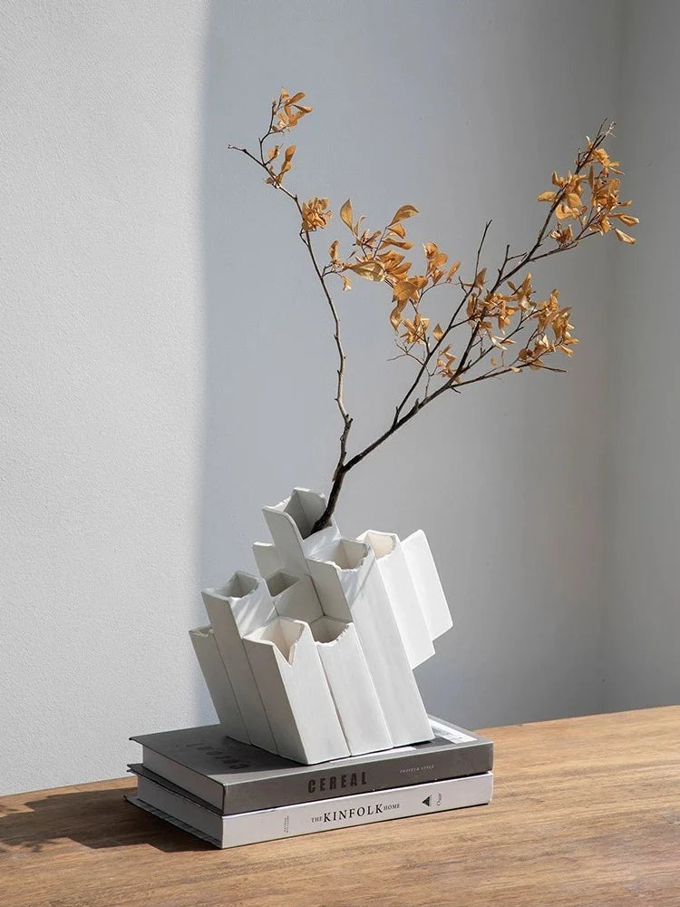 Afralia™ Geometric Ceramic Vase Block Splicing Flower Arrangement Handicrafts Home Decor