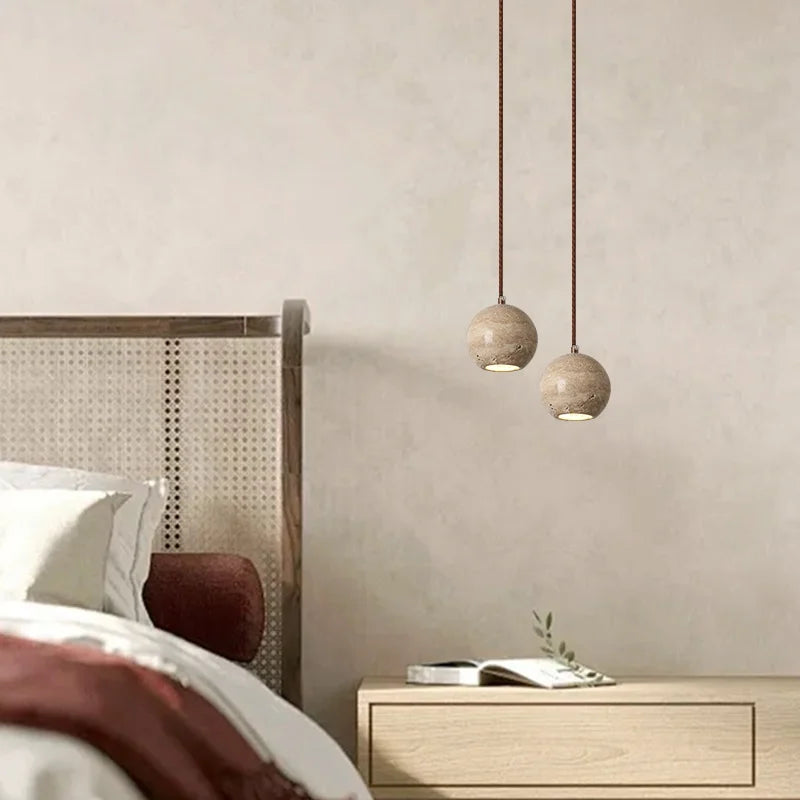 Afralia™ Yellow Travertine Spherical Stone LED Pendant Light for Bedroom Dining Living Room