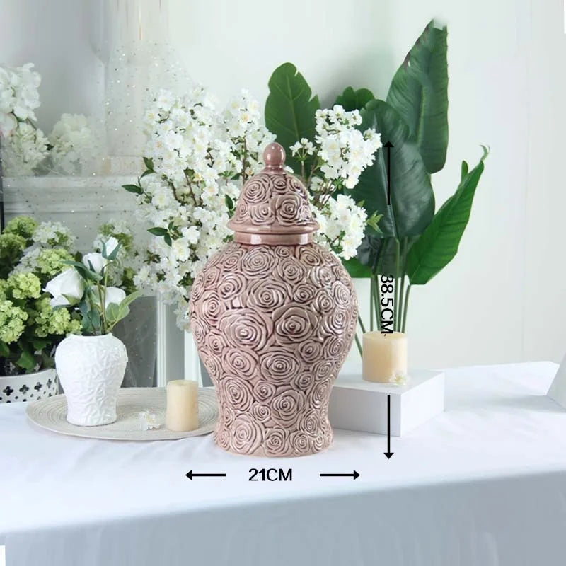 Afralia™ Checkmate Porcelain Ginger Jar with Rose Relief, Storage & Vase