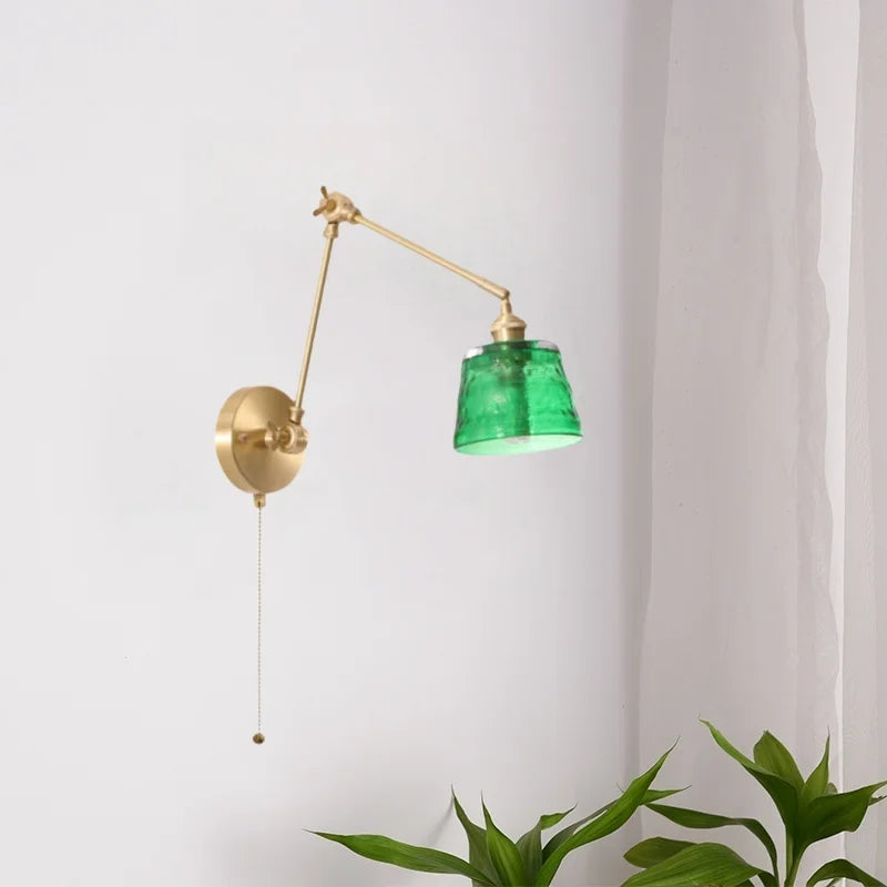 Afralia™ Green Glass LED Wall Lamps Pull Chain Vintage Brass Home Decor