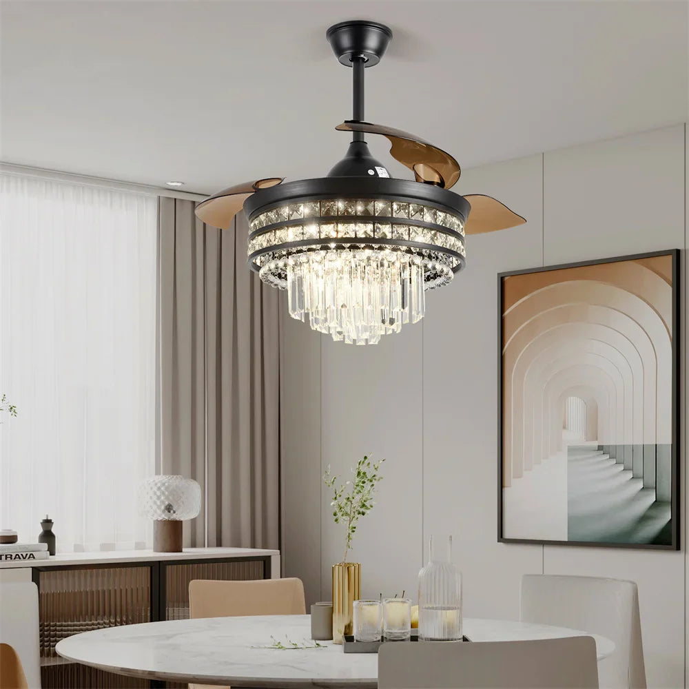 Afralia™ Crystal Fandelier Ceiling Fan with Retractable Chandelier & Invisible Blades