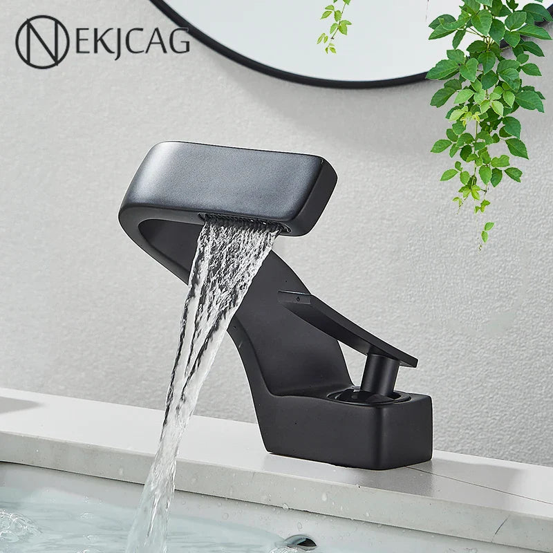 Afralia™ Black Waterfall Bathroom Basin Faucet Cold Hot Mixer Deck-mounted Simple Design