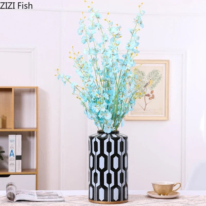 Afralia™ Geometric Stripes Ceramic Vase Home Decor Storage Tank Living Room Table