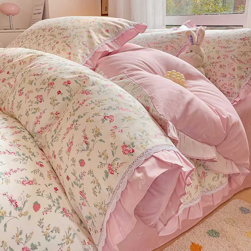 Afralia™ Floral Ruffles Bedding Set with Duvet Cover, Sheets, and Pillowcases