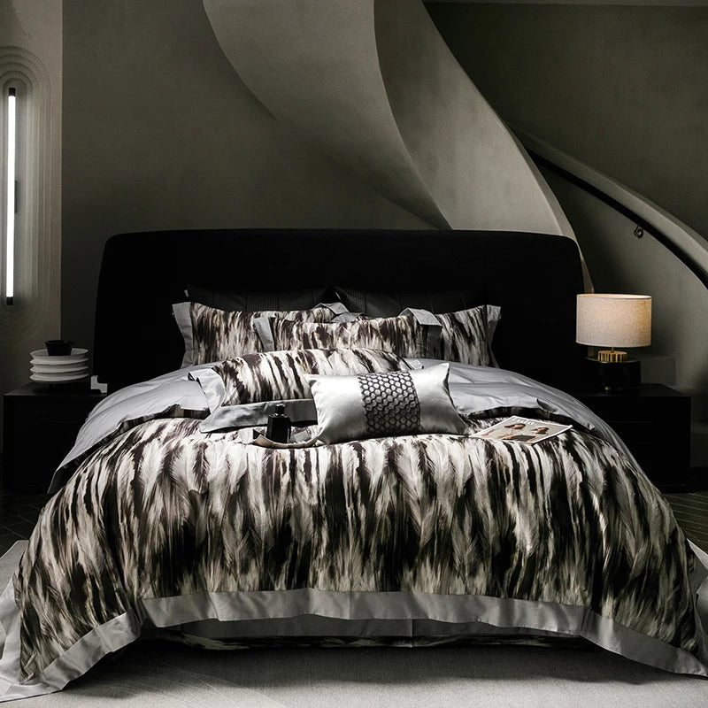 Afralia™ Feather Leopard Print Luxury 1000TC Egyptian Cotton Bedding Set