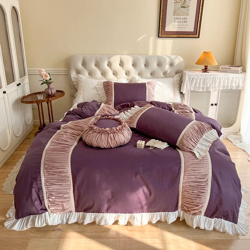 Afralia™ Korean Princess Style Cotton Bedding Set with Pleated Ruffles and Soft Quilt Cover