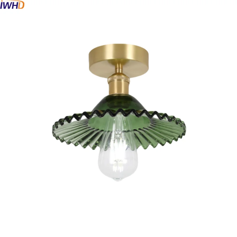 Afralia™ Green Glass Copper Ceiling Light Fixture Balcony Kitchen Modern LED Lamp