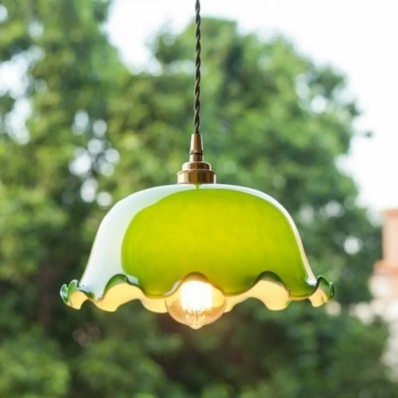 Afralia™ Green Lotus LED Pendant Light Glass Hanging Lamp