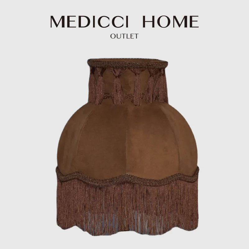 Afralia™ Vintage Coffee Brown Velvet Tassel Lampshades - Medieval Retro French Style