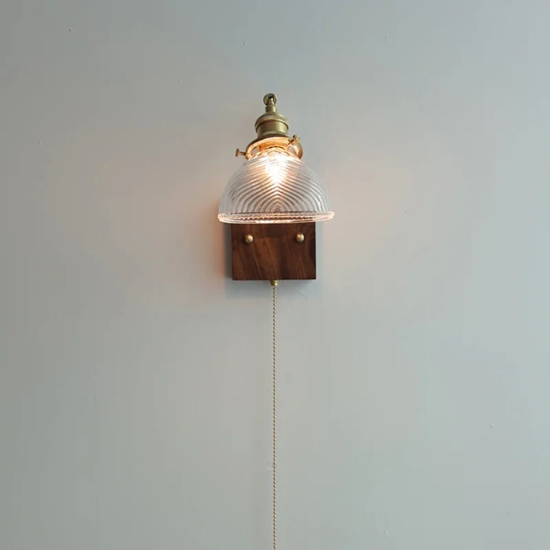 Afralia™ Walnut Wood LED Wall Sconce with Glass Shade & Pull Chain Switch