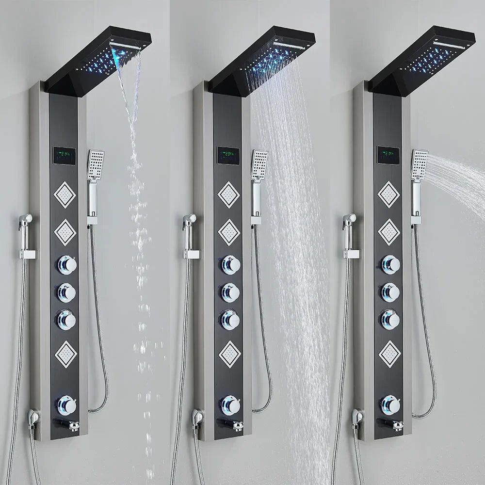 Afralia™ Modern Black LED Shower Panel 5-Function Wall Mount Hot Cold Bathroom Faucet