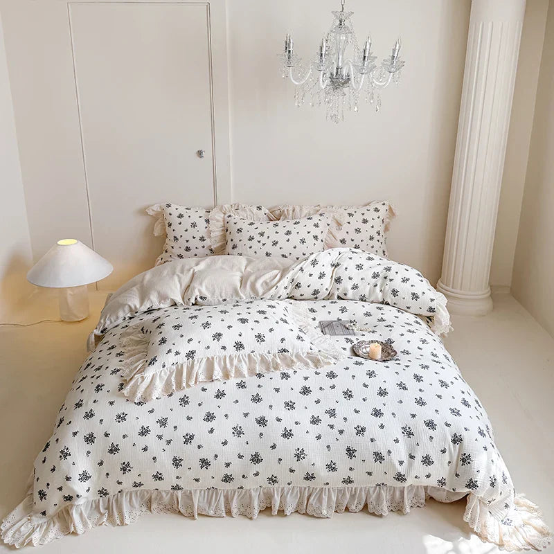 Afralia™ French Lace Ruffles Floral 100% Cotton Bedding Set with Duvet Cover, Sheet, Pillowcases