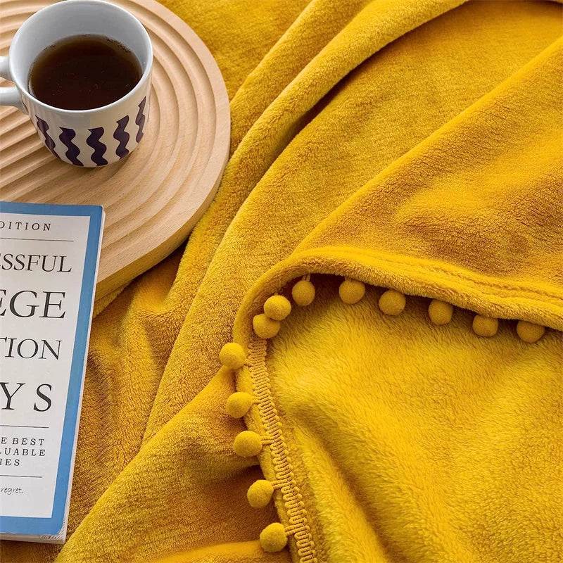 Afralia™ Pompom Fringe Flannel Blanket - Cozy Lightweight Throw Blanket for Couch, Bed, All Seasons