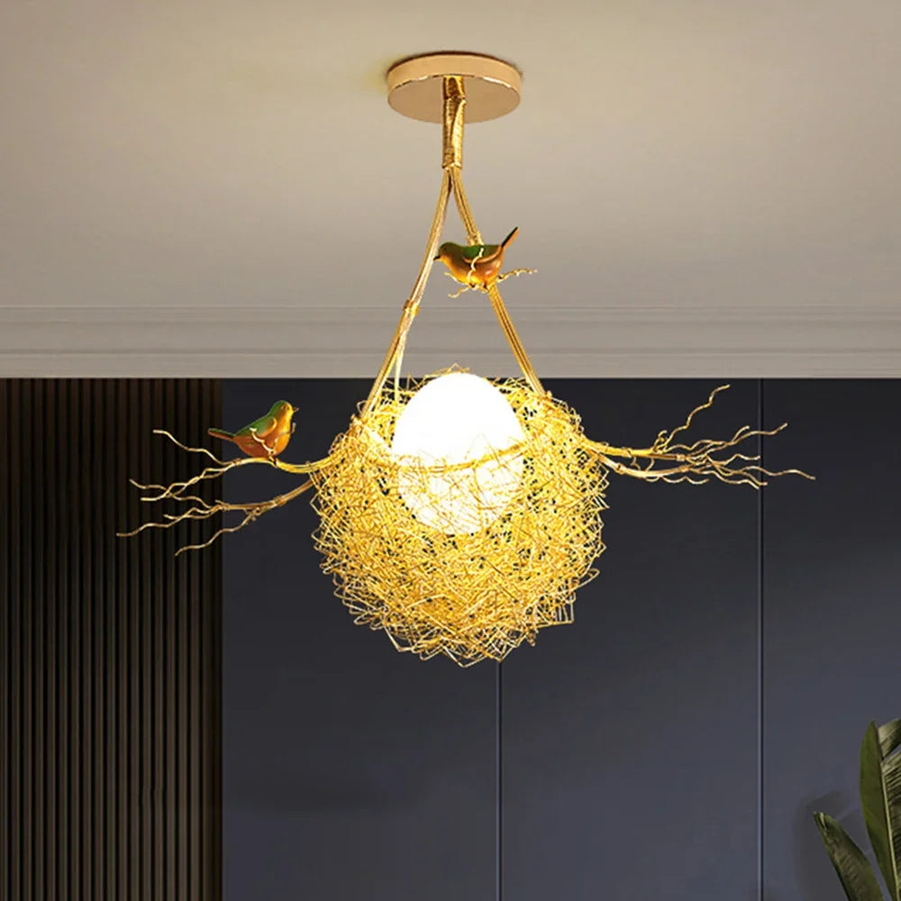 Afralia™ Gold Bird'S Nest LED Chandelier for Modern Cottagecore Living Room Décor