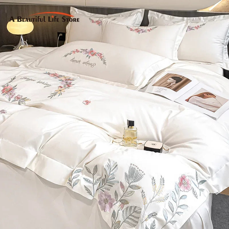 Afralia™ Luxury Flowers Embroidery Bedding Set: Duvet Cover, Sheet, Pillowcases