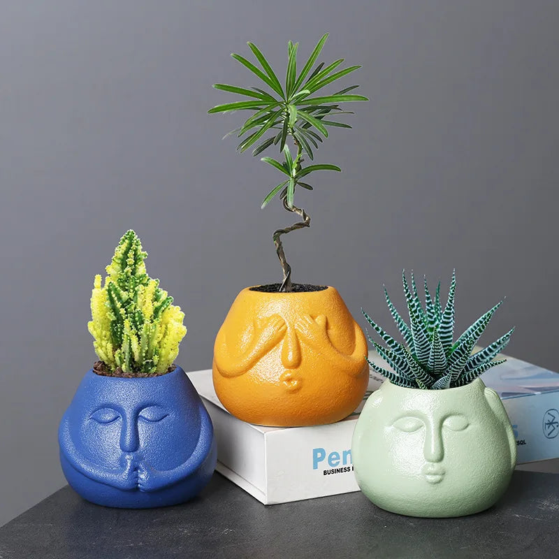 Afralia™ Ceramic Abstract Human Face Flowerpot Succulent Orchid Plant Vase Pot