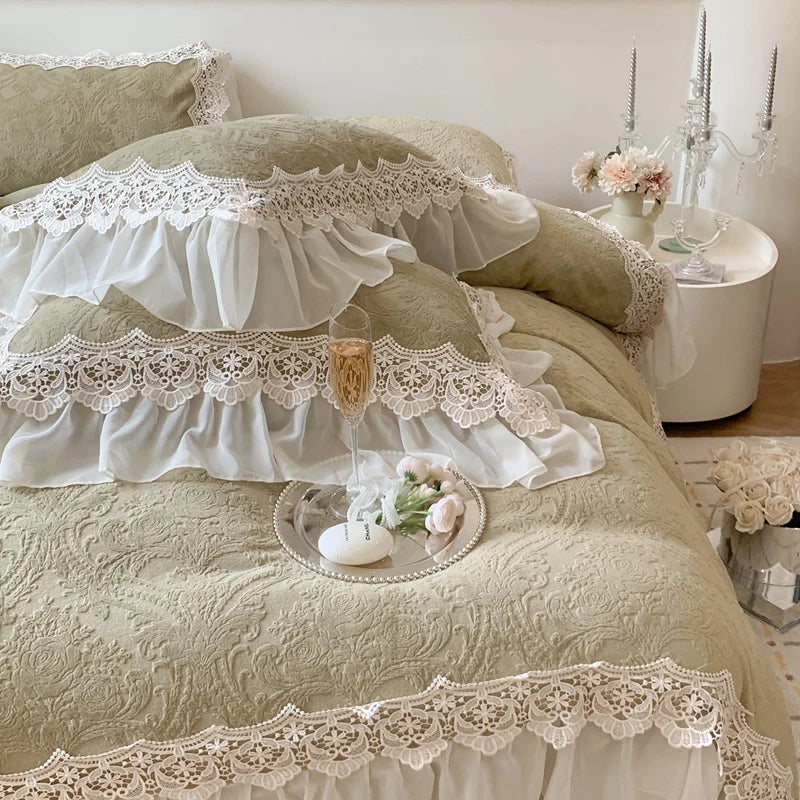 Afralia™ French Lace Ruffles Velvet Bedding Set, Furry Duvet, Sheet, Pillowcases