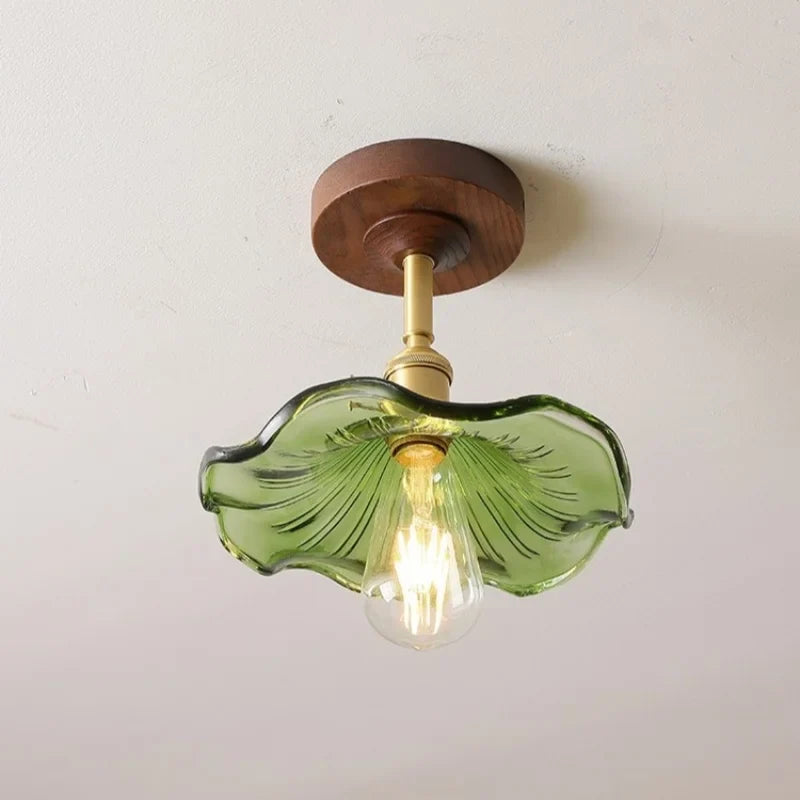 Afralia™ Green Glass LED Ceiling Lights: Modern Copper Wood Indoor Lamp