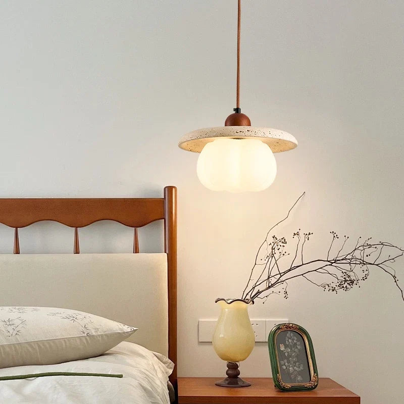 Afralia™ Pumpkin Glass Pendant Lights Yellow Travertine Hanging Lamp for Kitchen Bedroom Decor