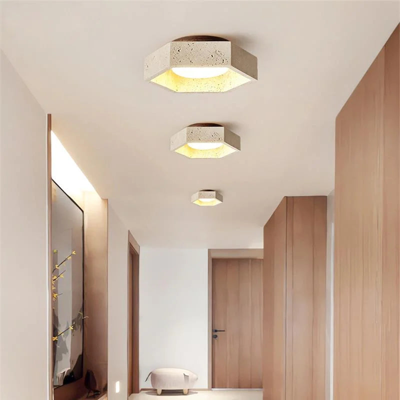 Afralia™ White Glass LED Ceiling Light Fixture Modern Yellow Stone Wood Base Nordic Design