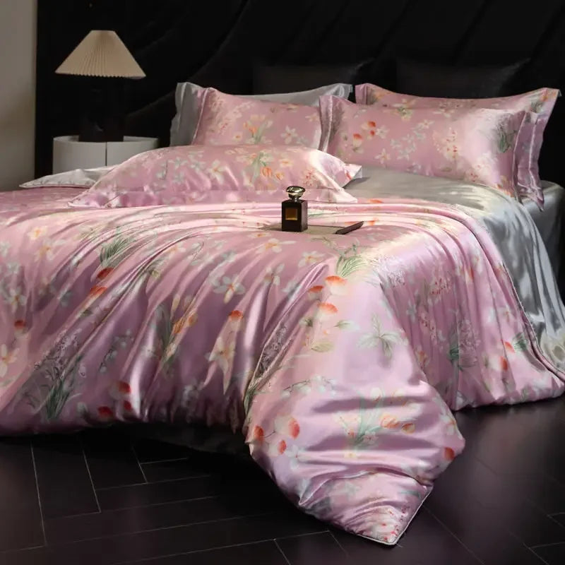 Afralia™ Mulberry Silk Cooling Bedding Set - 3D Printed Satin Fitted Sheet & Quilt Cover