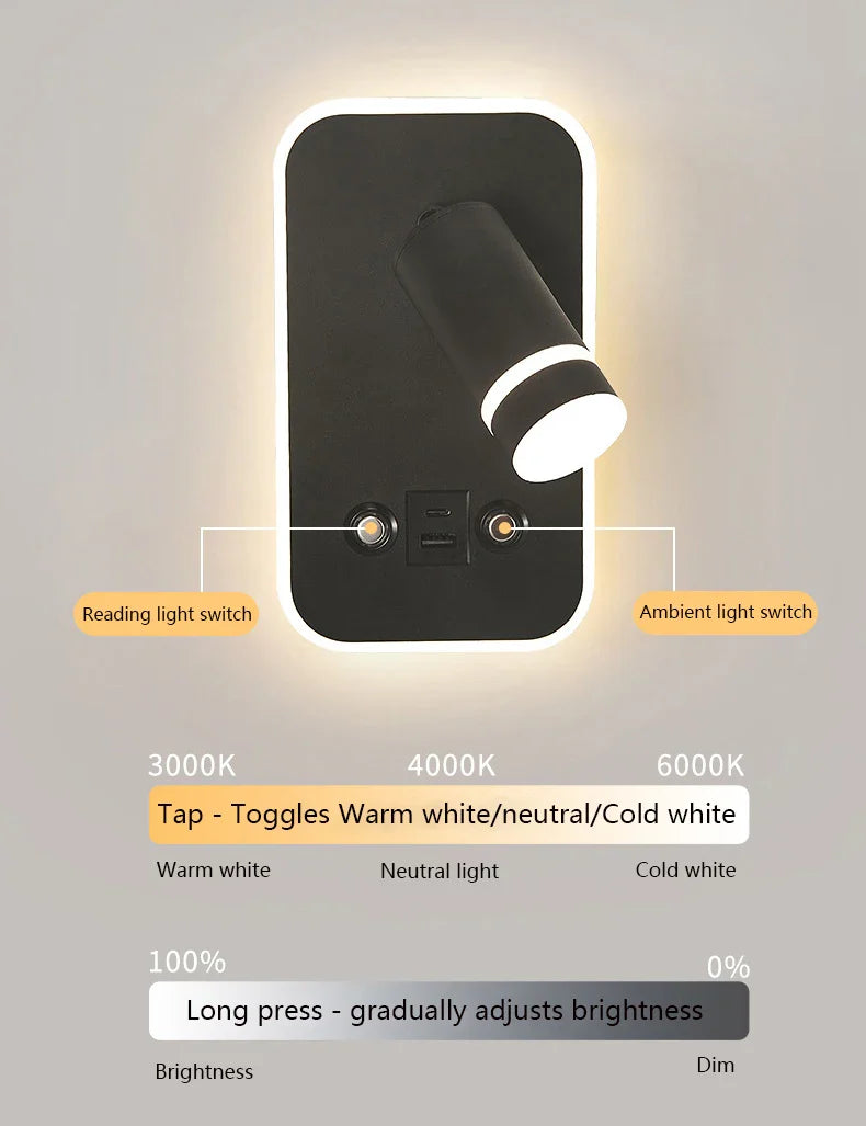 Afralia™ LED Wall Sconce Lamp Touch Switch USB Bedside Reading Light Tri-color Diammable