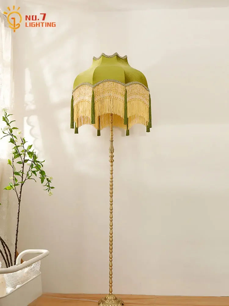 Afralia™ Classical Vintage Tassels Floor Lamp LED E27 Copper Art Decortive Standing Lamp