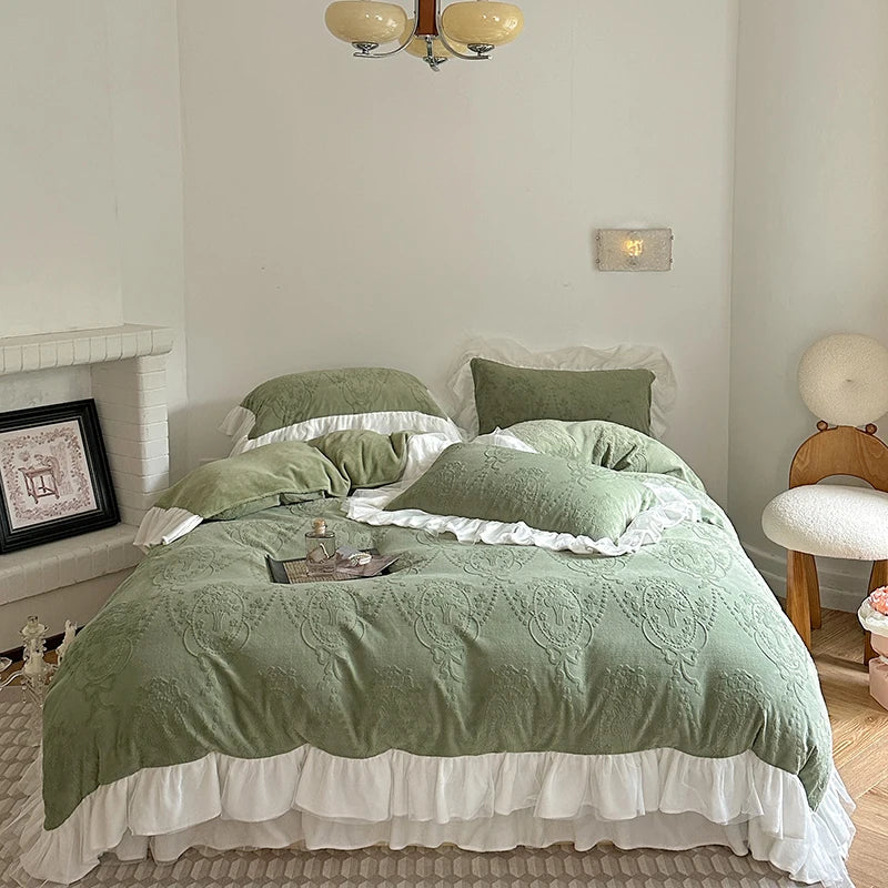 Afralia™ French Carved Velvet Lace Ruffles Bedding Set, Coral Velvet Duvet Cover, Luxury Bed Sheet