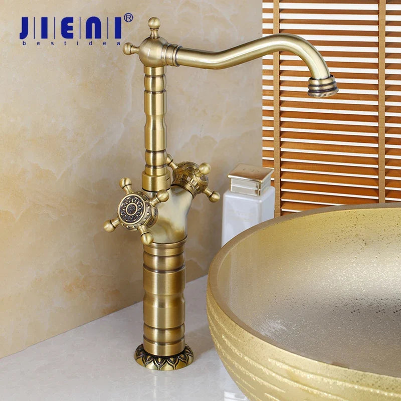 Afralia™ Antique Brass Carved Waterfall Bathroom Faucet Set Mixer Tap