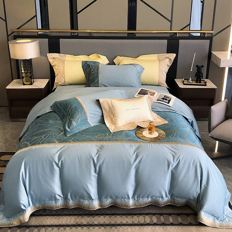 Afralia™ Luxe Gold Leaves Satin Jacquard Embroidery 1000TC Egyptian Cotton Bedding Set